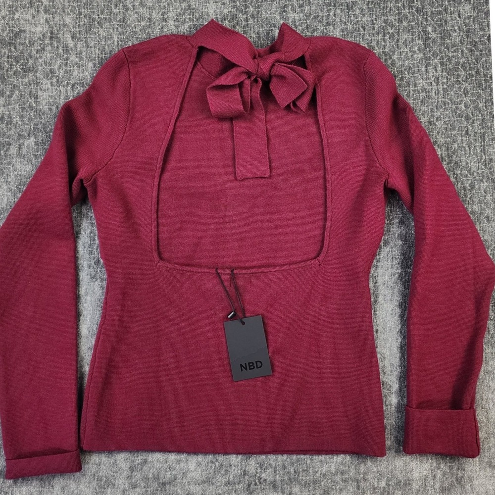 NWT NBD Sweater Top Knit Women Small Burgundy Open Back Bow Tie Mock Neck - Picture 3 of 8